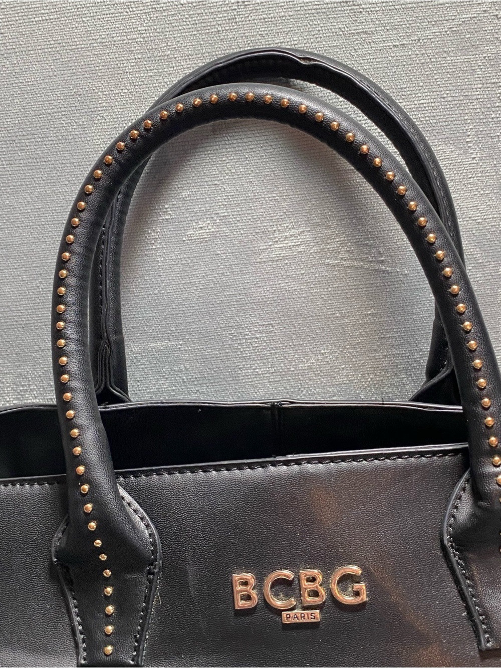 BCBG Paris Black Satchel with Gold Stud Accents, dual handles, EUC - Picture 9 of 17